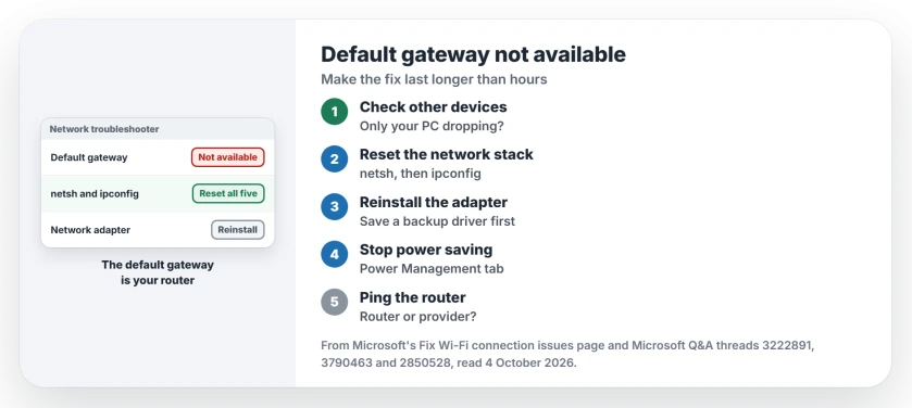 The default gateway is not available: reset the network stack with netsh and ipconfig, reinstall the network adapter, stop Windows switching the adapter off to save power, ping the router, and use network reset last