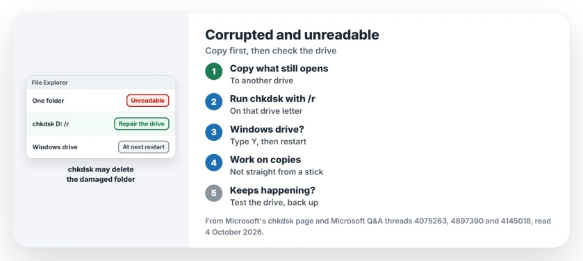 The file or directory is corrupted and unreadable: copy readable files off first, run chkdsk with /r on that drive, schedule it at restart for the Windows drive, then work on copies and test a drive that keeps corrupting files