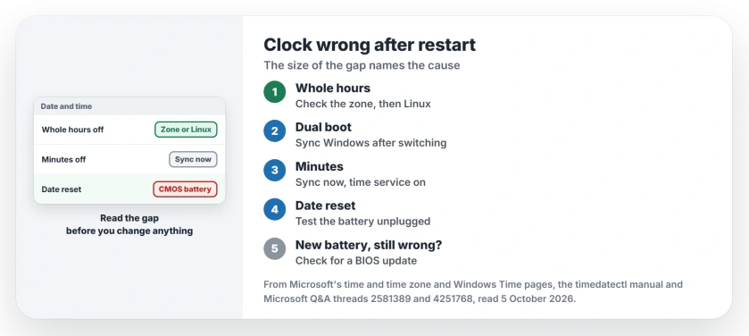 Windows clock wrong after restart: read the gap, whole hours mean a time zone or Linux on the same PC, minutes mean syncing, a reset date means the CMOS battery, then sync now or test the battery