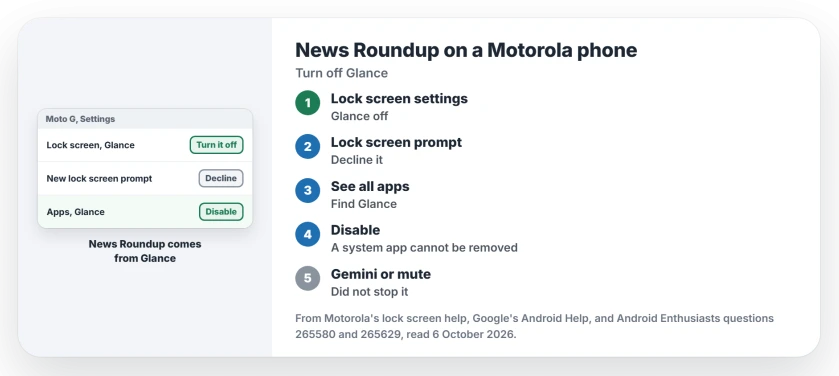 News Roundup keeps popping up on a Motorola phone: turn Glance off in the lock screen settings, decline the New Home/Lock Screen Experience prompt, then disable the Glance app