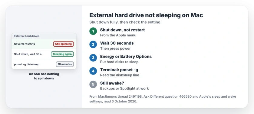 External hard drive not sleeping on a Mac: shut the Mac down fully and wait 30 seconds, check Put hard disks to sleep when possible, read disksleep with pmset -g, and look for apps keeping files open