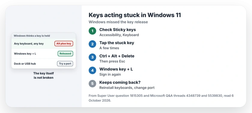 Keys acting stuck in Windows 11: check Sticky Keys, tap the key or press Ctrl Alt Delete, lock with Windows key L, reinstall the keyboard in Device Manager, try another USB port