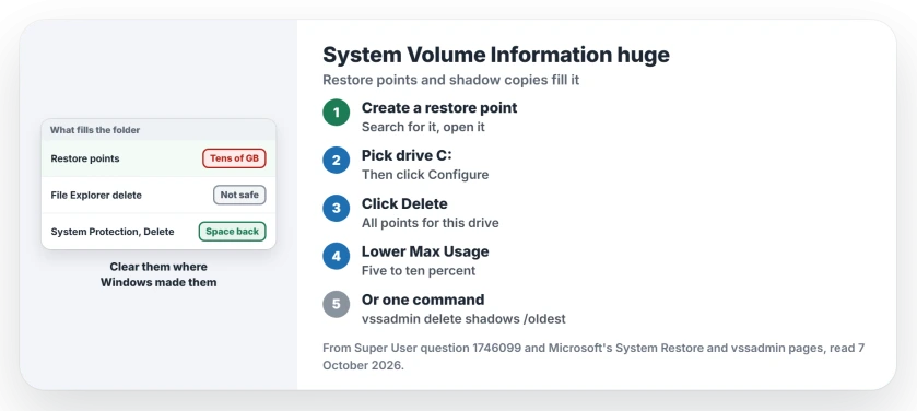 System Volume Information folder huge on Windows: open Create a restore point, choose Configure, delete the restore points and lower Max Usage, or run vssadmin delete shadows for the oldest copy