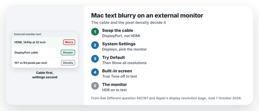 Blurry text on an external monitor with a Mac: connect with DisplayPort instead of HDMI, choose the default or a HiDPI resolution in Displays, then check True Tone and HDR