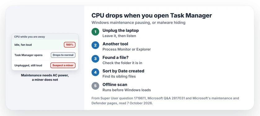 CPU at 100% that drops when Task Manager opens: unplug a laptop and listen, watch with a tool other than Task Manager, find the file and its siblings by date, then run a Microsoft Defender offline scan