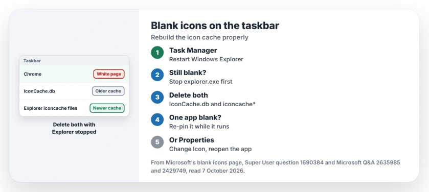 Blank or white icons on the Windows 11 taskbar: restart Windows Explorer, stop Explorer and delete both IconCache.db and the iconcache files in the Explorer folder, re-pin the app while it runs, or reset the shortcut icon in Properties