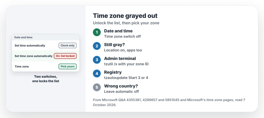 Time zone grayed out in Windows 11: check which switch you turned off, turn Location on for the PC and apps, set the zone with tzutil from an administrator terminal, and fix the service and location values Microsoft documents