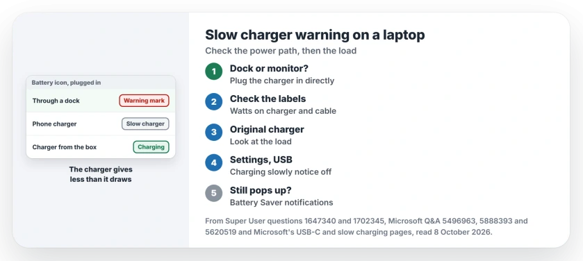 A slow charger warning on a Windows laptop: plug the charger straight in, check the charger and cable watts, watch the load on the original charger, then turn the notification off if a slower charge is fine