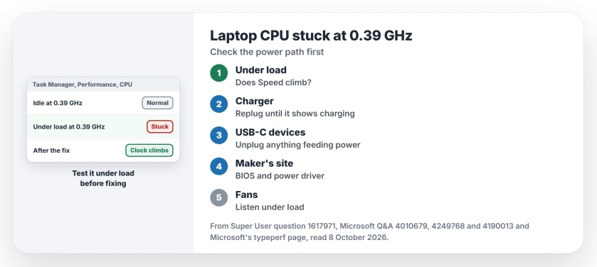 A laptop CPU stuck at 0.39 GHz: test under load first, replug the charger until Windows shows charging, update the BIOS and the maker's power driver, check the fans, then look for a power limit set too low