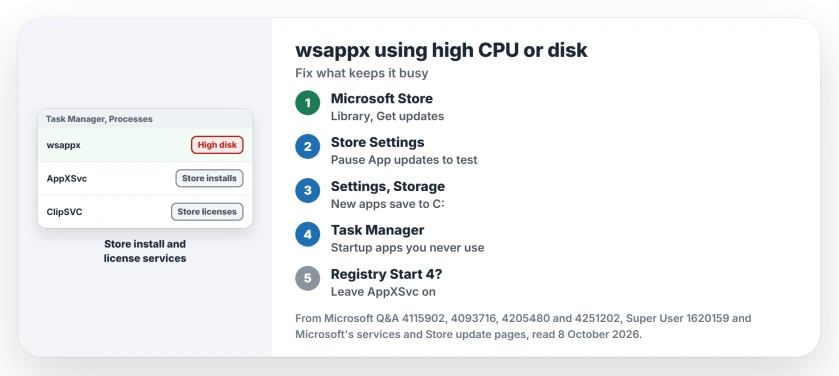 wsappx using high CPU or disk in Windows: let Store updates finish, pause automatic app updates, set new apps to save on C:, check startup apps, and leave AppXSvc enabled