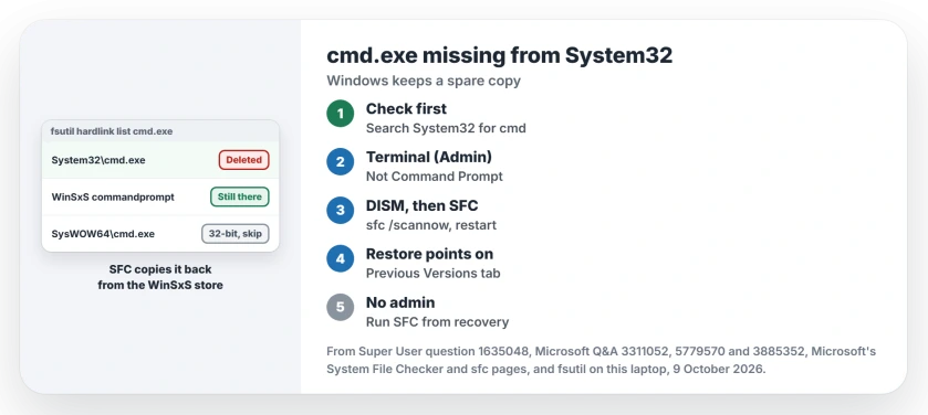 cmd.exe missing from System32: check it is not just the shortcut, run DISM and then sfc from Terminal as administrator, try Previous Versions on System32, or run sfc offline from recovery