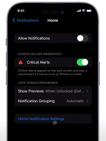 toggle off critical alerts from notifications