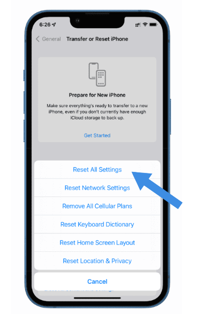 Reset iphone all settings