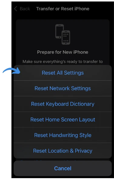 Reset all settings on iphone