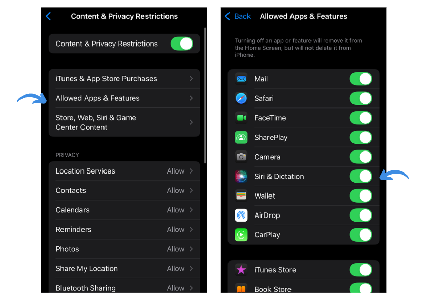 allow siri in content restrictions