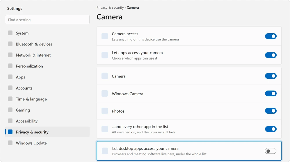 Privacy and security, Camera, with the desktop apps switch at the foot of the page